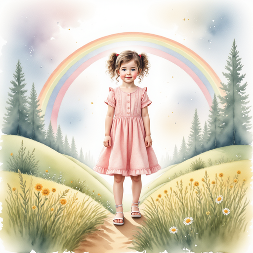Sofia standing in a magical land filled with rainbows.