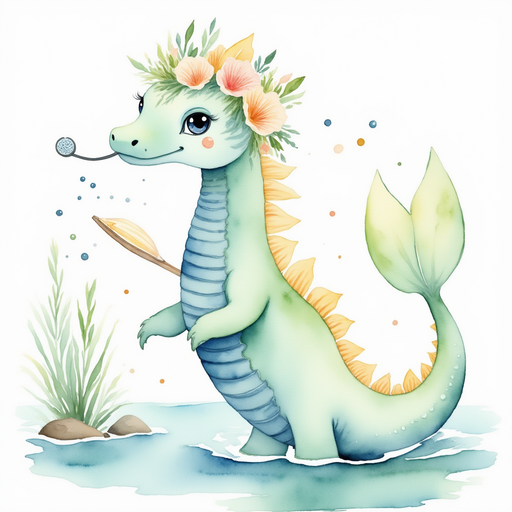 Show Nessie Sparkles brushing her teeth with a seashell toothbrush. In the background, mirror-like water sparkles with morning light.
