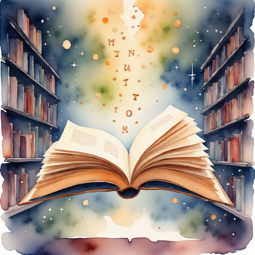 A giant open book floats mid-air, surrounded by glowing letters. In the background, tall shelves are lined with more books.