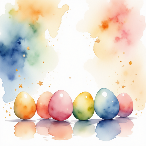 A rainbow of shiny eggs circles on the ground. In the background, swirling dust sparkles in the air.