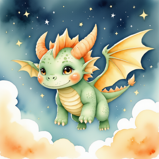 Ember Flare flying through silvery clouds, his face determined yet sad. In the background, patches of glowing stars flickering in the wide sky