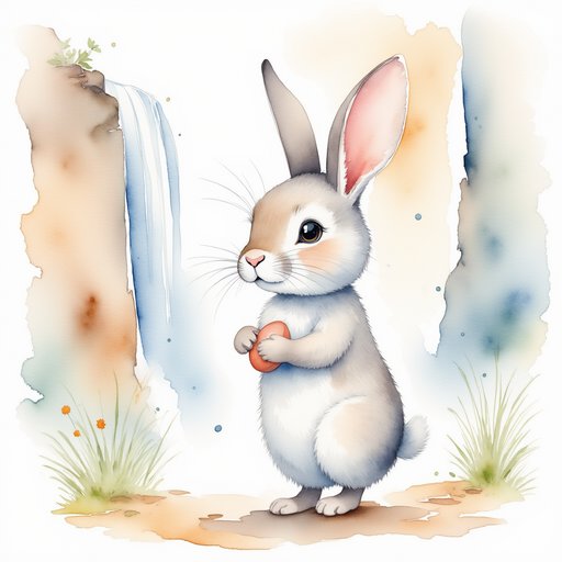 Illustrate Oliver the talking rabbit looking relieved and happy as he holds a hopscotch stone. In the background, a glistening waterfall.