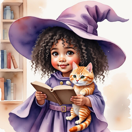 Willow Charms holding the magic book and smiling at Whiskers. In the background, a neat bookshelf.