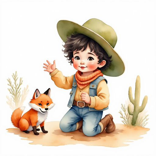 Cactus Cody kneels by the pond, beckoning to the foxes. In the background, sparse desert shrubs dot the sand