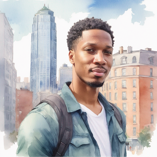 Natanel smirking in cityscape skyscrapers landscape.
