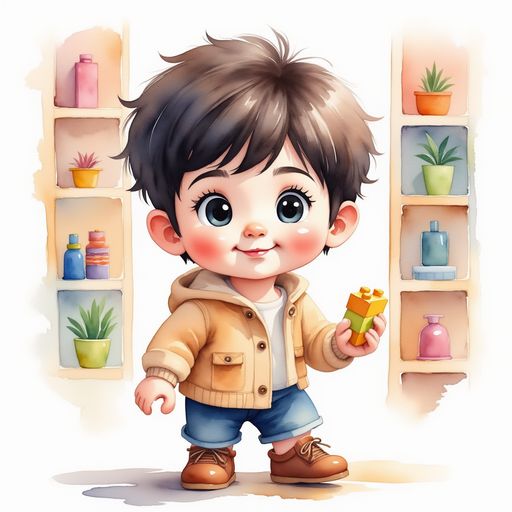 Illustrate Mario, a little boy with wide eyes full of wonder, holding a Lego brick with a determined expression. In the background, shelves filled with Lego creations and colorful bricks.