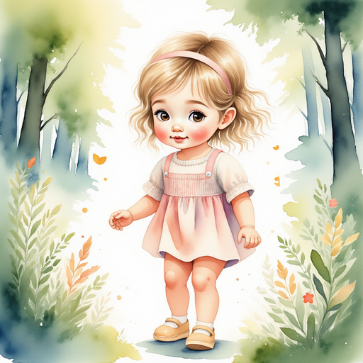 Illustrate Katie with a look of awe on her face as she explores the magical forest. In the background, trees with luminescent leaves.