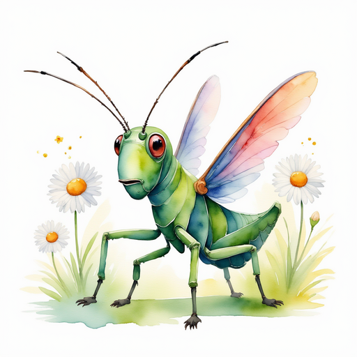 Buzzywhirl steadies his metal-finding gadget In the background, daisies swaying