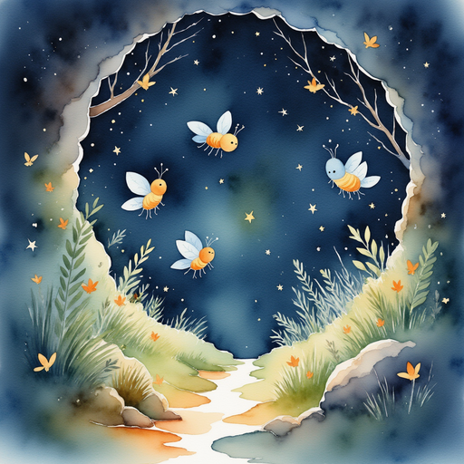 Shimmering fireflies float all around. In the background, a cozy cave.