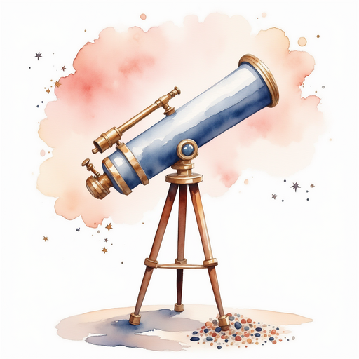 A polished telescope stands proudly next to a small pile of sparkly pebbles. In the background, pale pink clouds swirl in the sky.