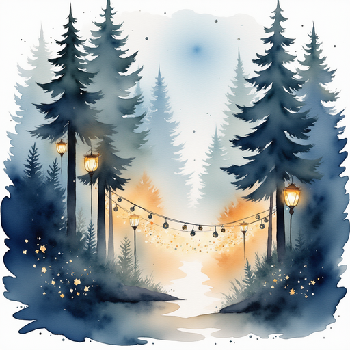 A cluster of shimmering lights appearing like small lanterns In the background, tall, shadowy trees