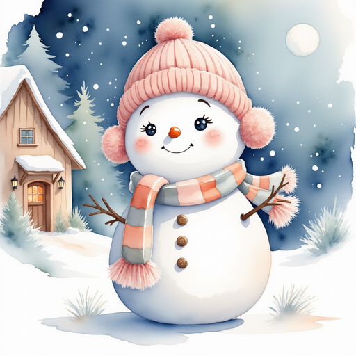 Frostyline Fable stands proudly, smiling beside a quaint cottage decorated with glowing lights. In the background, the snow-covered village rooftops peek out under a bright sky.