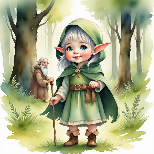 Flicker Sparkleaf stands before the old sage leaning on a gnarled staff In the background, gnarled trees encircle the grassy clearing