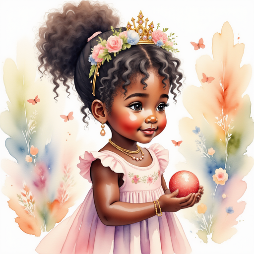 Princess Zoombella - who is black - is admiring a sparkling butterfly ornament In the background, a table covered in colorful fabric scraps