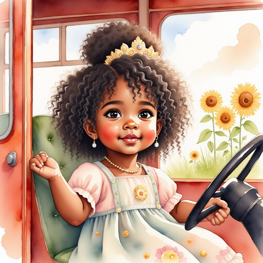 Show Princess Zoombella - who is black - is sitting in the fire truck cabin, hands on the steering wheel. In the background, tall sunflowers sway near a garden path.