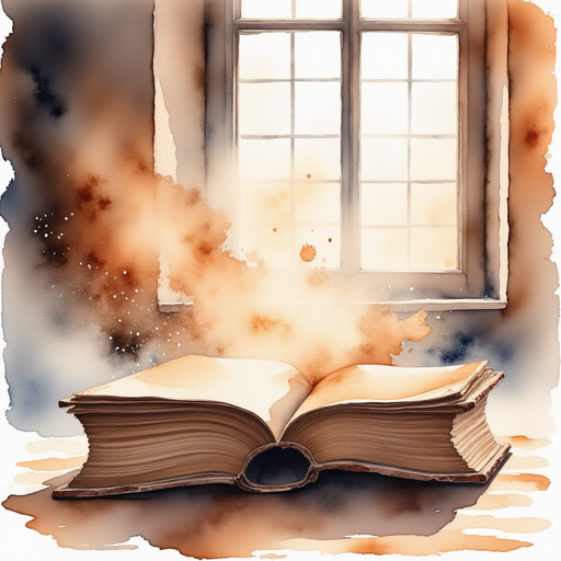 A cloud of dust drifts around an ancient leather-bound book, corners worn and faded. In the background, light shining through a high window