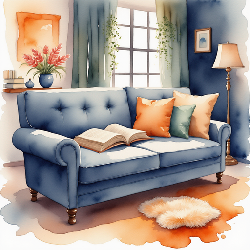 A dusty magic book hidden behind the sofa. In the background, a fluffy rug.