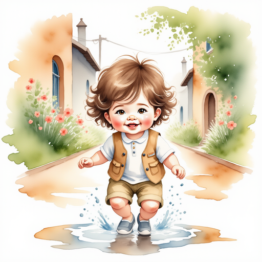 A little boy splashes joyfully through rain puddles. In the background, a quaint lane lined with blooming flowers.