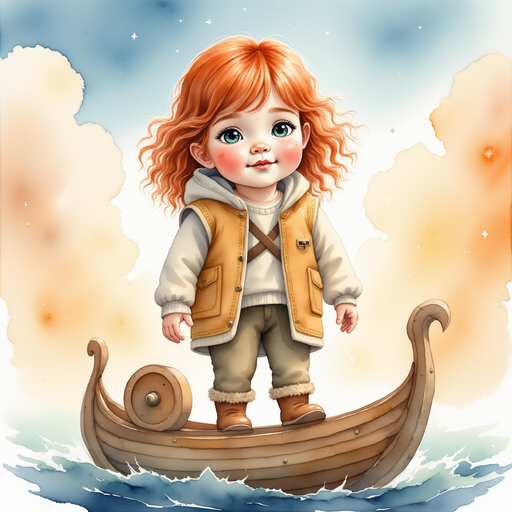 Bolda stands at the front of her wooden vessel, rising among fluffy, white clouds. In the background, a soft glow from the rising sun brightens the sky.