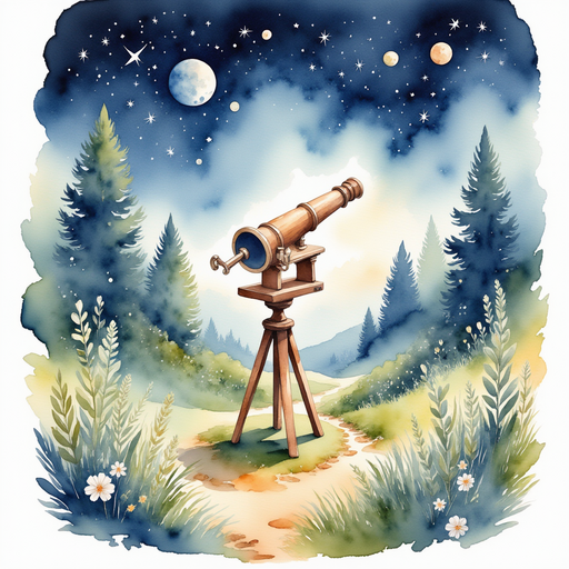 Illustrate an ancient telescope standing amidst a woodland scene, inviting curiosity and exploration of the celestial skies. In the background, starry skies reveal a constellation shaped like a face.