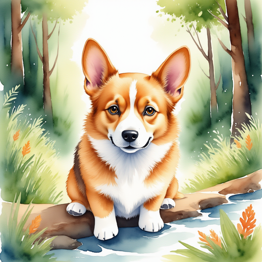 Depict the vibrant forest with towering trees and sparkling streams to reflect Rosie's home. In the background, the sun filters through dense foliage.