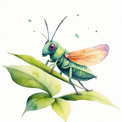 Buzzywhirl tilts his head toward a wide leaf, antennae twitching with interest. In the background, broad leaves overlap like a canopy.