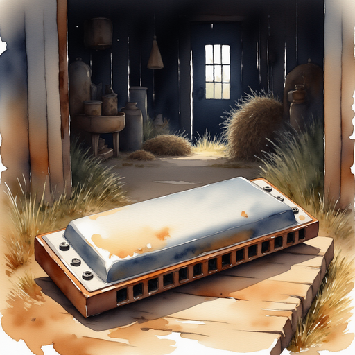 A worn-out harmonica resting on a wooden plank In the background, a dimly lit barn with scattered hay