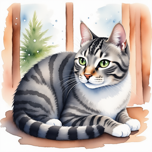 Illustrate Smokey, the beautiful grey cat with bright green eyes, curled up by the warm fireplace. In the background, snow gently falls outside a frosted window.