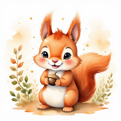 The friendly squirrel holding an acorn, eyes wide with excitement, signaling them forward. In the background, a trail lined with softly rustling leaves.