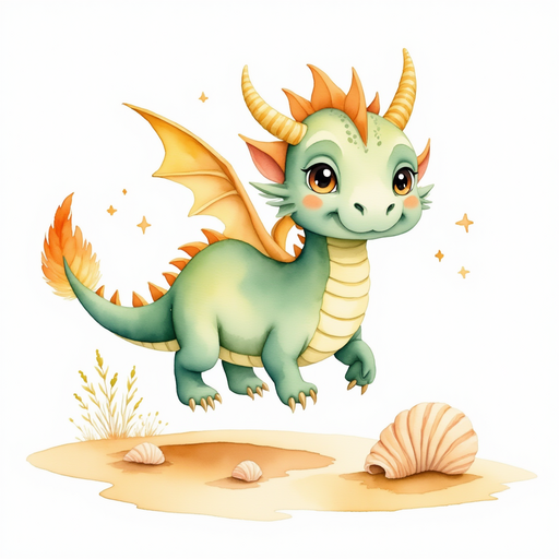 Show Ember Flare with a playful grin, hovering above the sand. In the background, small shells rest on the shore.