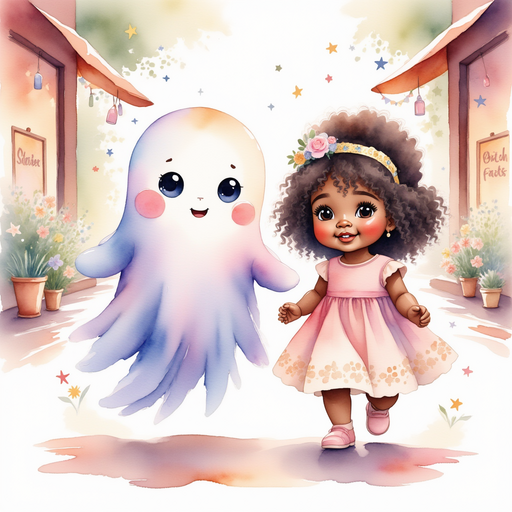 Show Glimmer Puff and Princess Zoombella - who is black - is moving past rows of shops. In the background, shop windows glow softly