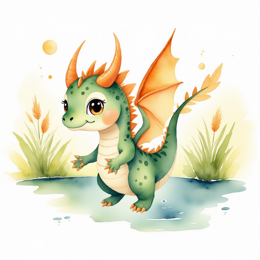 Ember Flare flying in a small circle, looking joyful. In the background, tall reeds lining the lake.