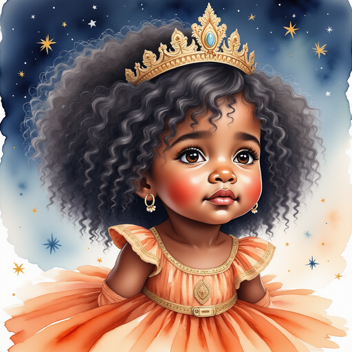 Queen Neena looking up, her eyes shining with curiosity. In the background, tiny twinkling stars.