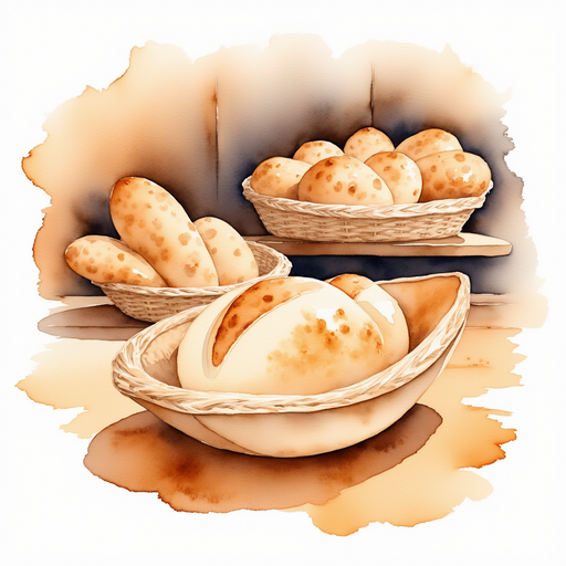 Show the small, boat-shaped bread with a swirl of cinnamon on top. In the background, baskets of bread rest on a wooden shelf.