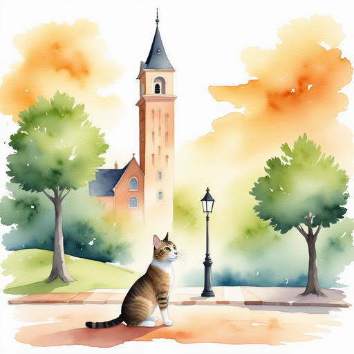 Luna looking up at the tall bell tower in the park.