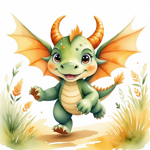 Ember runs joyfully with her friends along the colorful forest floor. In the background, a gentle breeze moves the tall grass.
