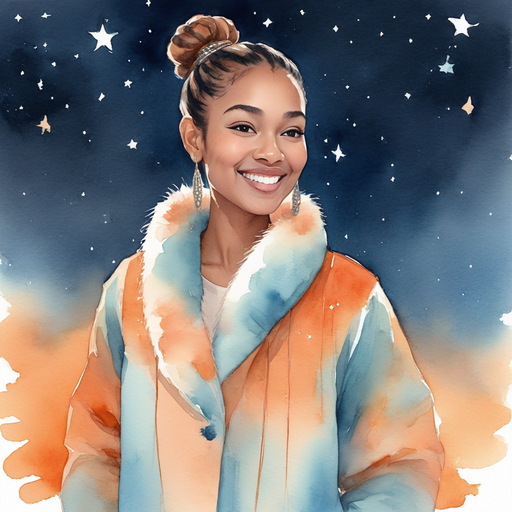 Ahgaddes wearing a long tribal pinned bun wearing a fur coat smiling Brightly shining stars in the vast night sky blue and orange celestial landscape