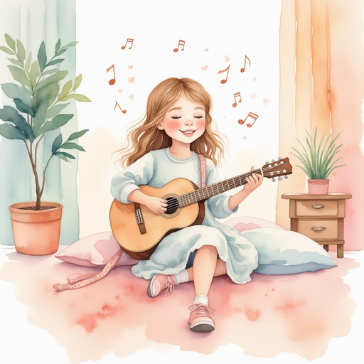 Vivian playing her guitar in her room, with music notes floating around her.