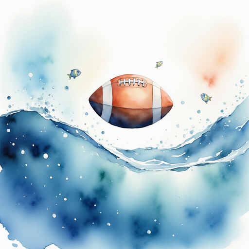 A floating football spinning on gentle waves, droplets shining in the sunlight. In the background, a school of tiny fish glimmers near the surface.