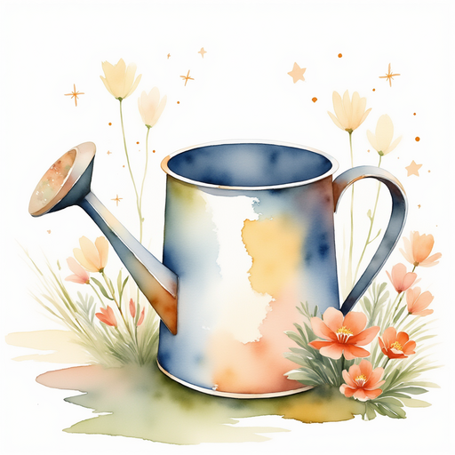 A shiny watering can with a big curved handle. In the background, a colorful flower patch sparkles.