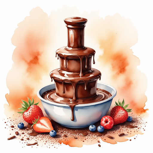 Show the chocolate fountain with shiny, dripping chocolate. In the background, hills of sugar sprinkles sparkle.