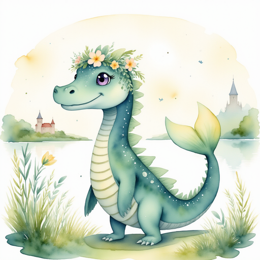 Nessie Sparkles stands at the meadow’s edge, looking toward the rising sun. In the background, a castle silhouette is touched by morning light.
