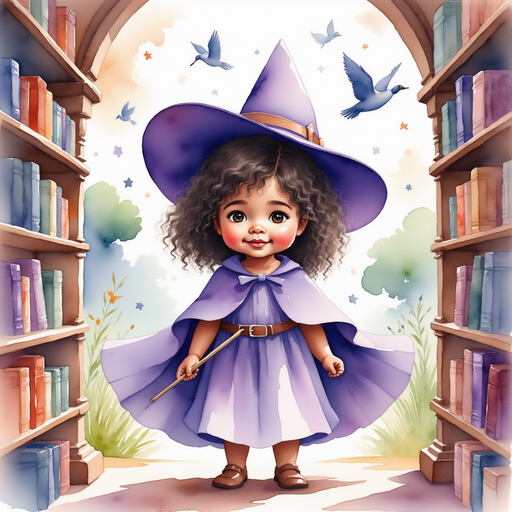 Willow Charms stands next to towering shelves, a wand in hand, sorting books in midair. In the background, rainbow bridges arch over floating islands.