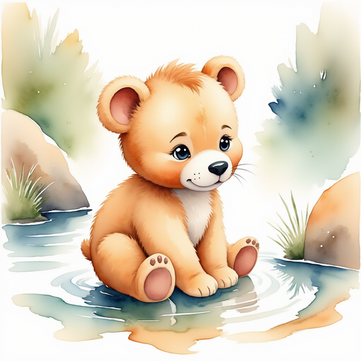 Mickey gazing into the sparkling stream, fascinated by his reflection. In the background, smooth stones and gentle ripples on the water surface.