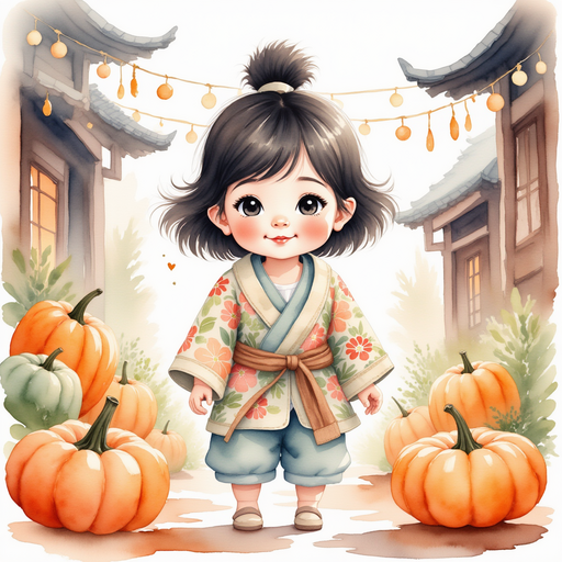 Sammy the Spirited Samurai in her shining armor, standing beside a row of bright pumpkins. In the background, twinkling orange lights line the street.