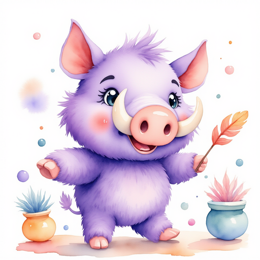 Brutus waves a little quill, laughing out loud. In the background, colorful pots float by.