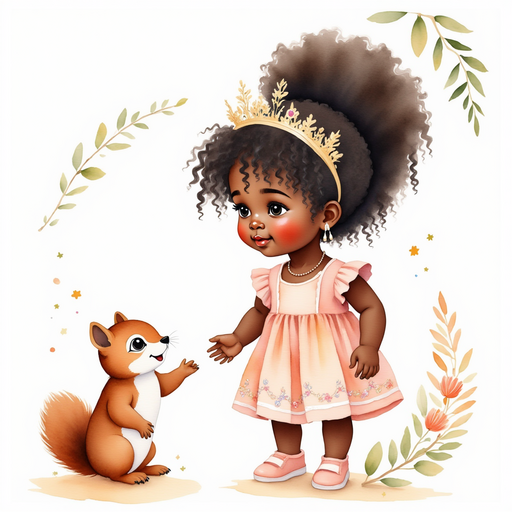 Princess Zoombella - who is black - quietly holds out her hand to a curious squirrel. In the background, slender tree branches overlap overhead.