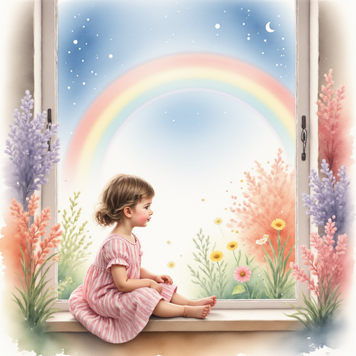 Sofia sitting by her window, looking at a rainbow in the sky.