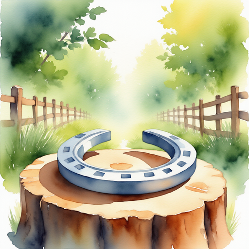 A shiny silver horseshoe rests on a wooden stump, gleaming in the sunlight. In the background, lush green shrubs draped in shadow.