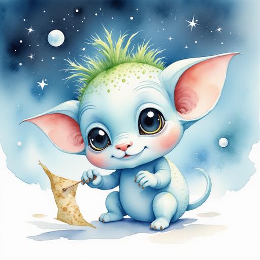 Zibloo waving a little star map In the background, glowing snow banks